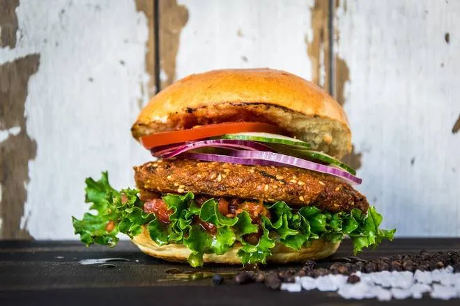 Falafel Kanone Burger mit Salat und roter Zwiebel